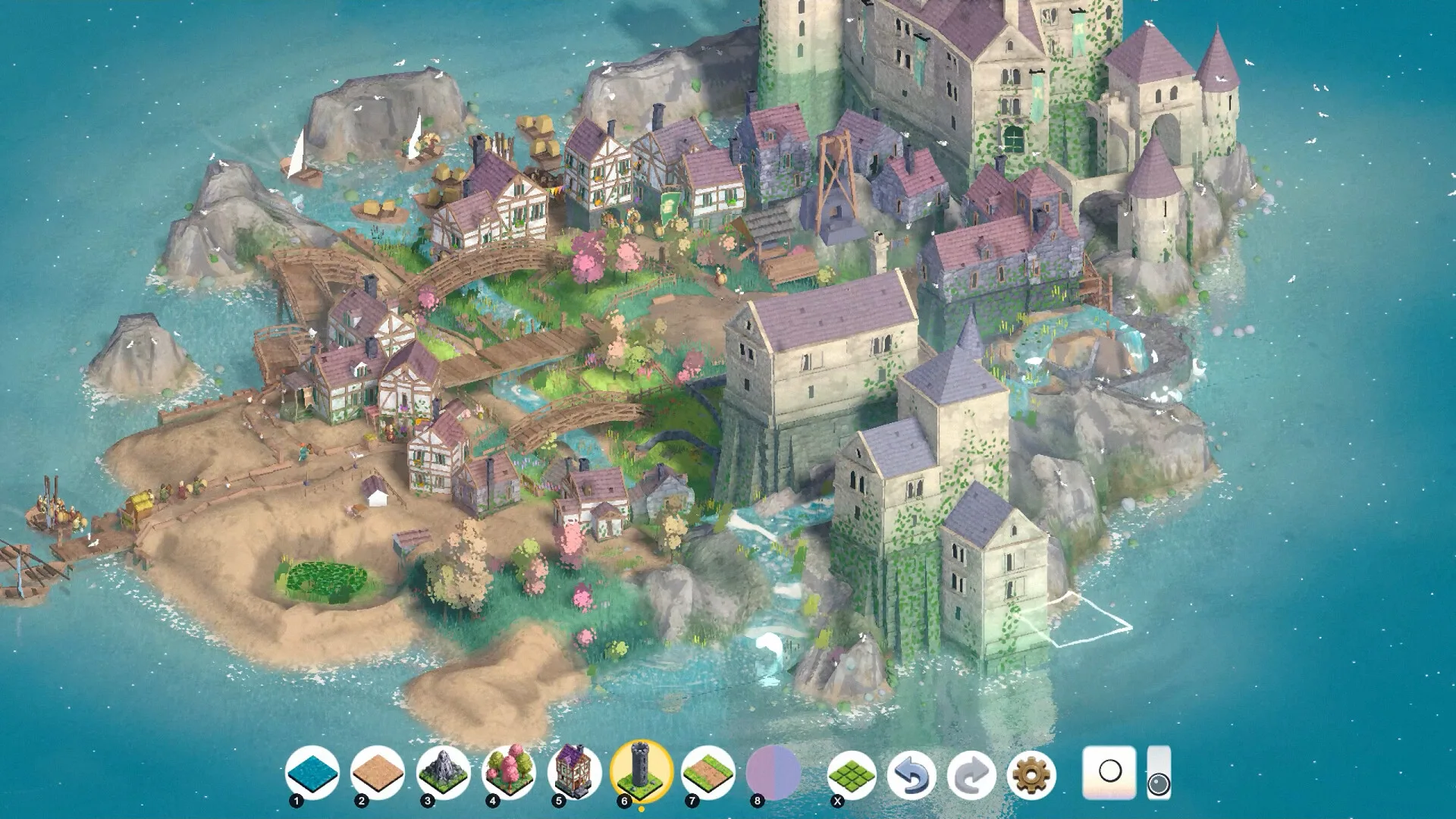 Brushland Steam screenshot of a coastal kingdom with castle, half-timber houses, and tower tool six selected at 191 FPS dev build