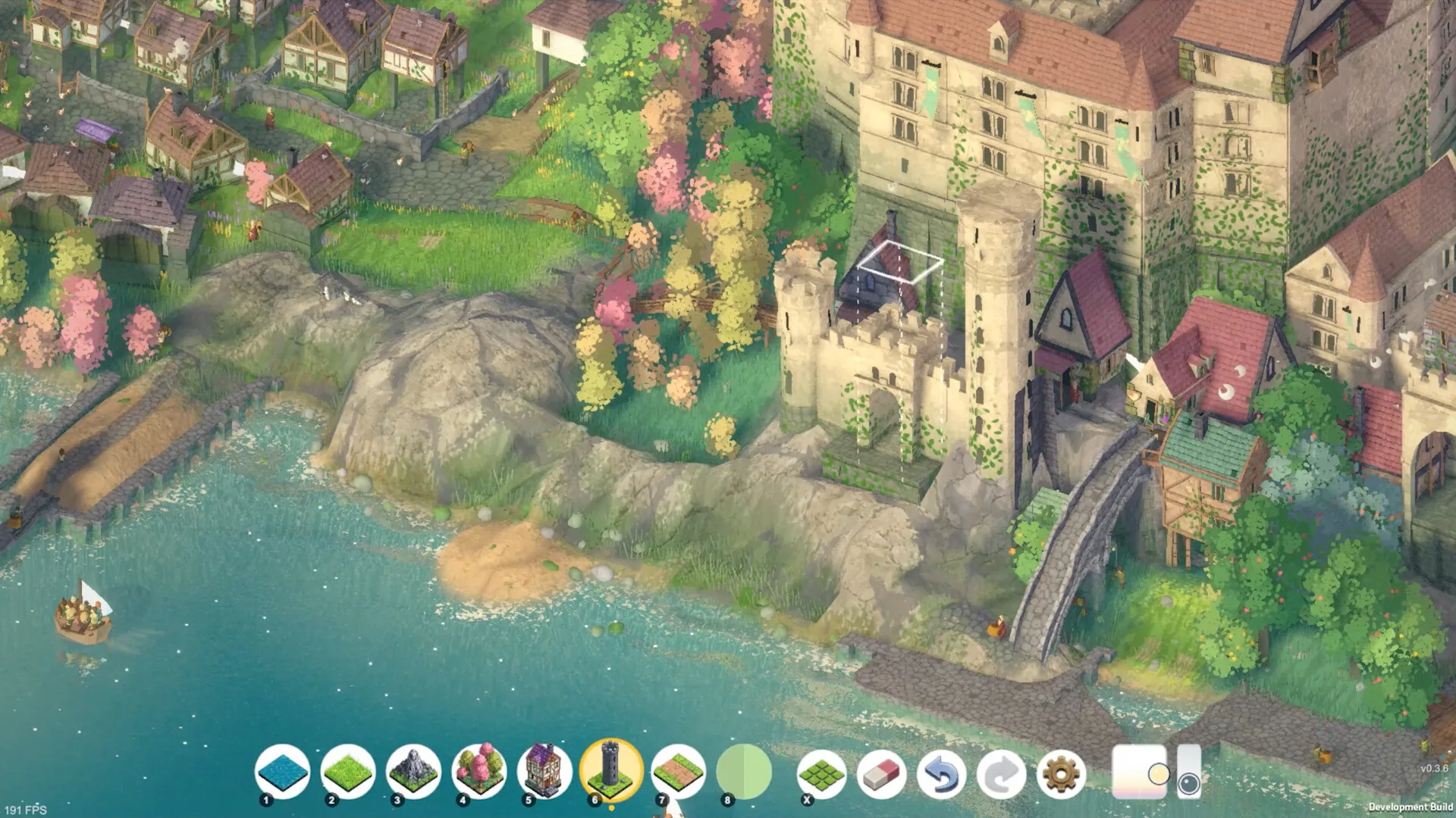 Cliffside ivy castle with a white cube placement preview and tower building tool selected in Brushland v0.3.6
