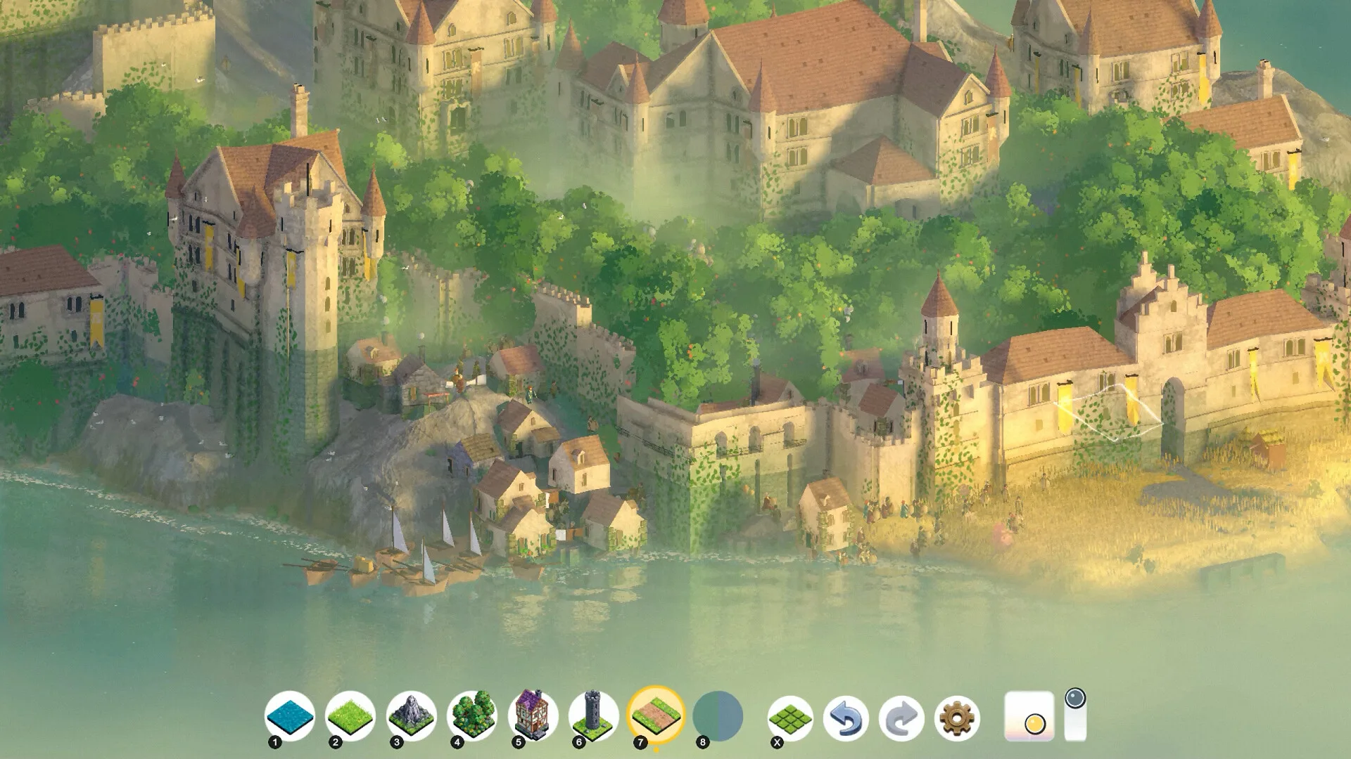 Medieval stone city with yellow banners and the road path tool selected in the Brushland bottom toolbar