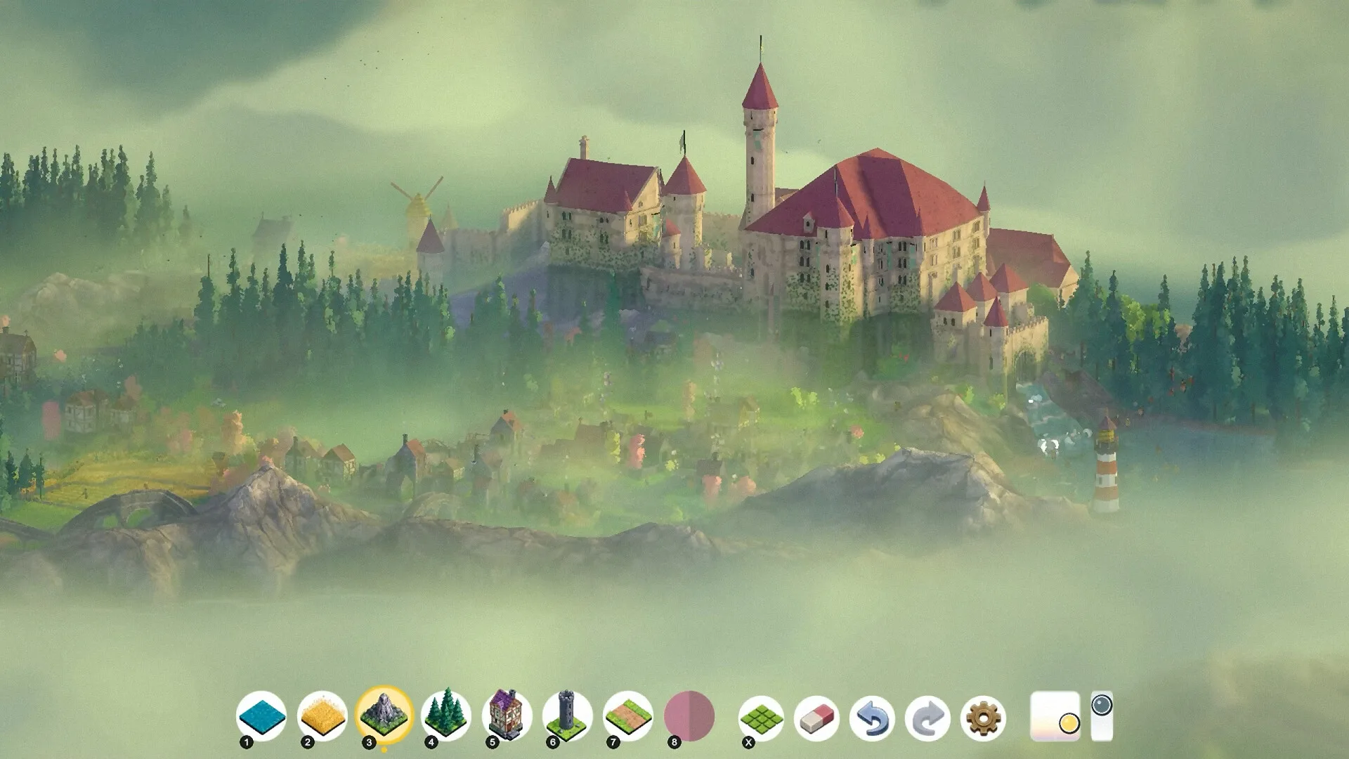 Foggy morning castle with a red-white lighthouse and mountain terrain tool three selected in Brushland.