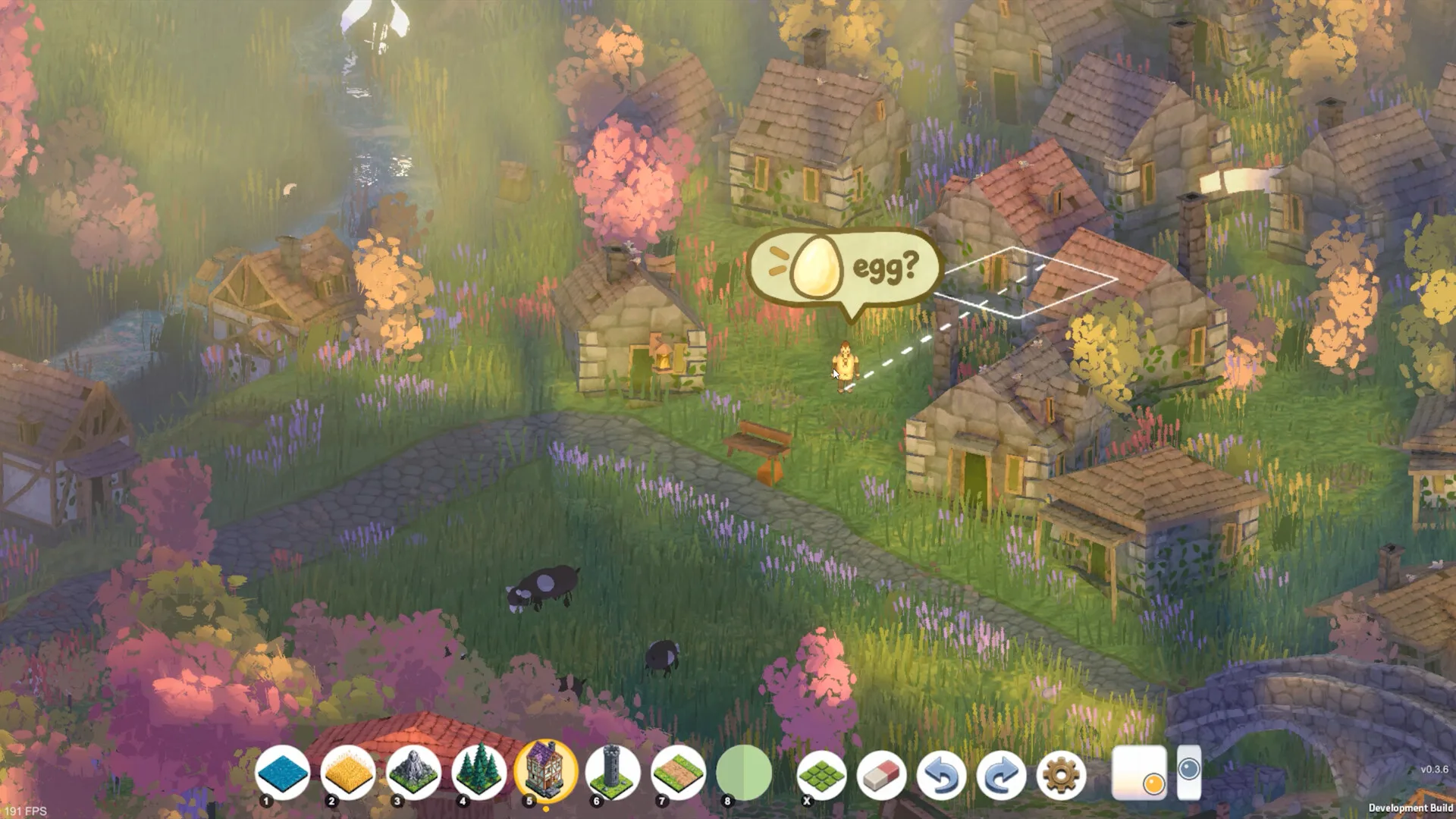 Stone village at sunset with villager egg? request bubble and house tool five selected in Brushland v0.3.6