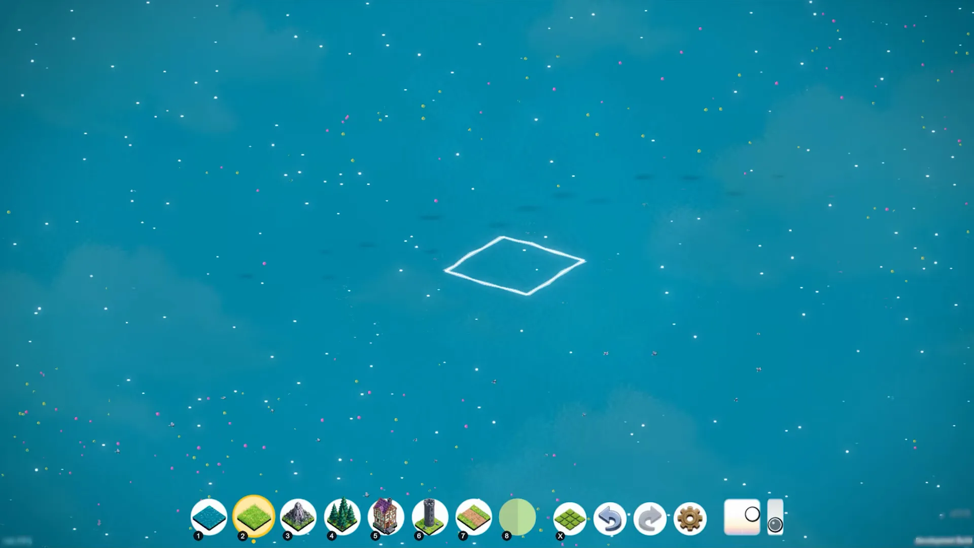 Empty turquoise sea in Brushland with a tiny grass island and a white square placement cursor, showing the bottom terrain toolbar with grass tile selected.