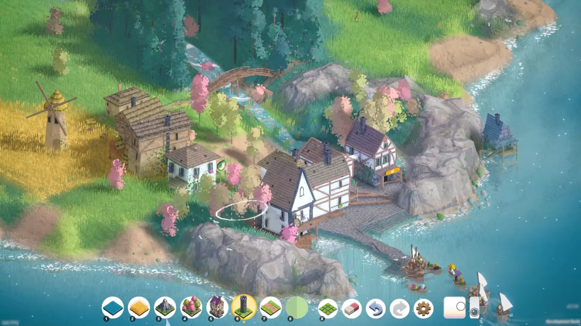 Stone windmill, timber houses, wheat field, wooden bridge, and sailboats on a bay in Brushland.