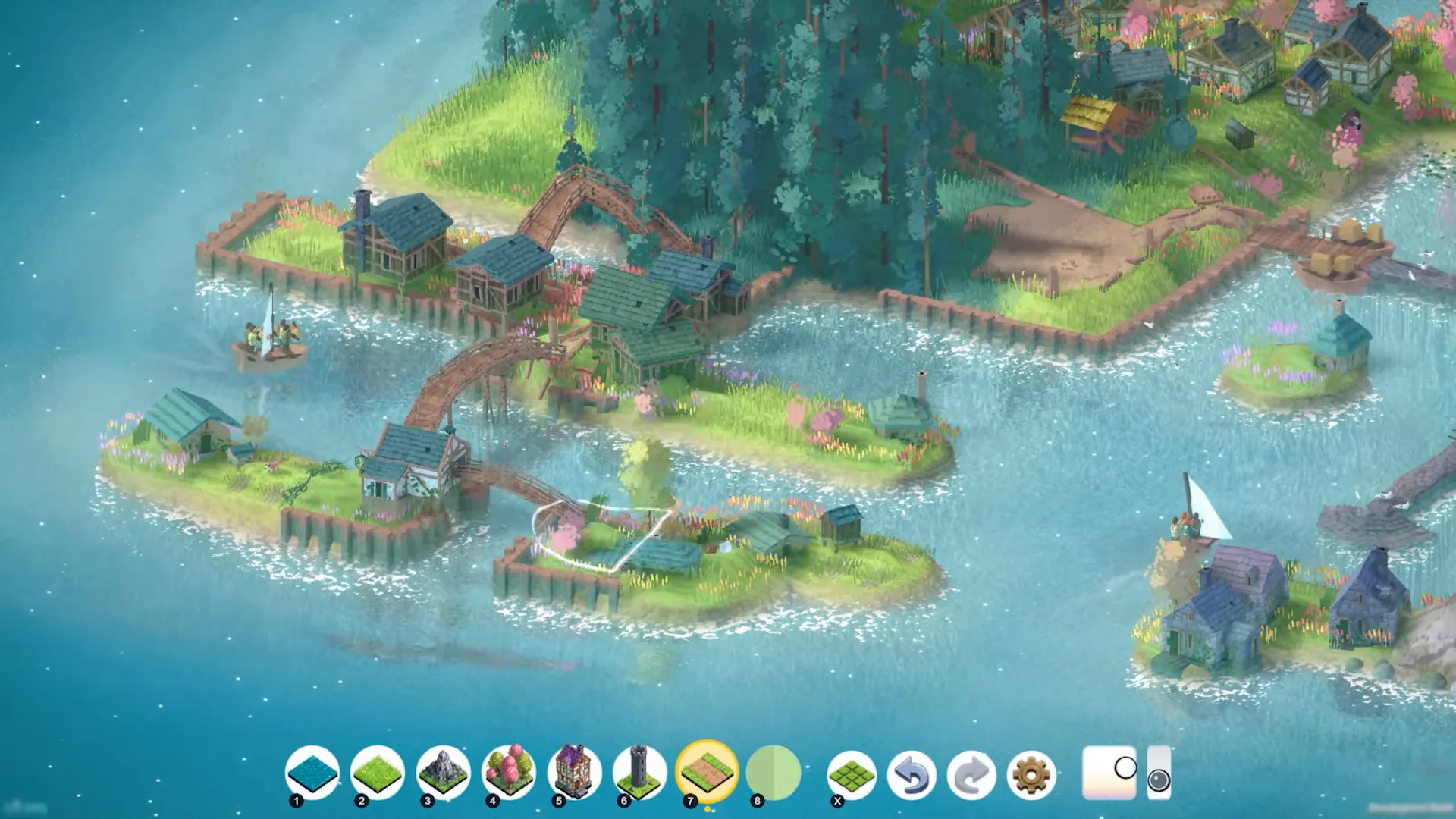 Green islands connected by wooden bridges with the path or road tile tool selected in the Brushland UI.