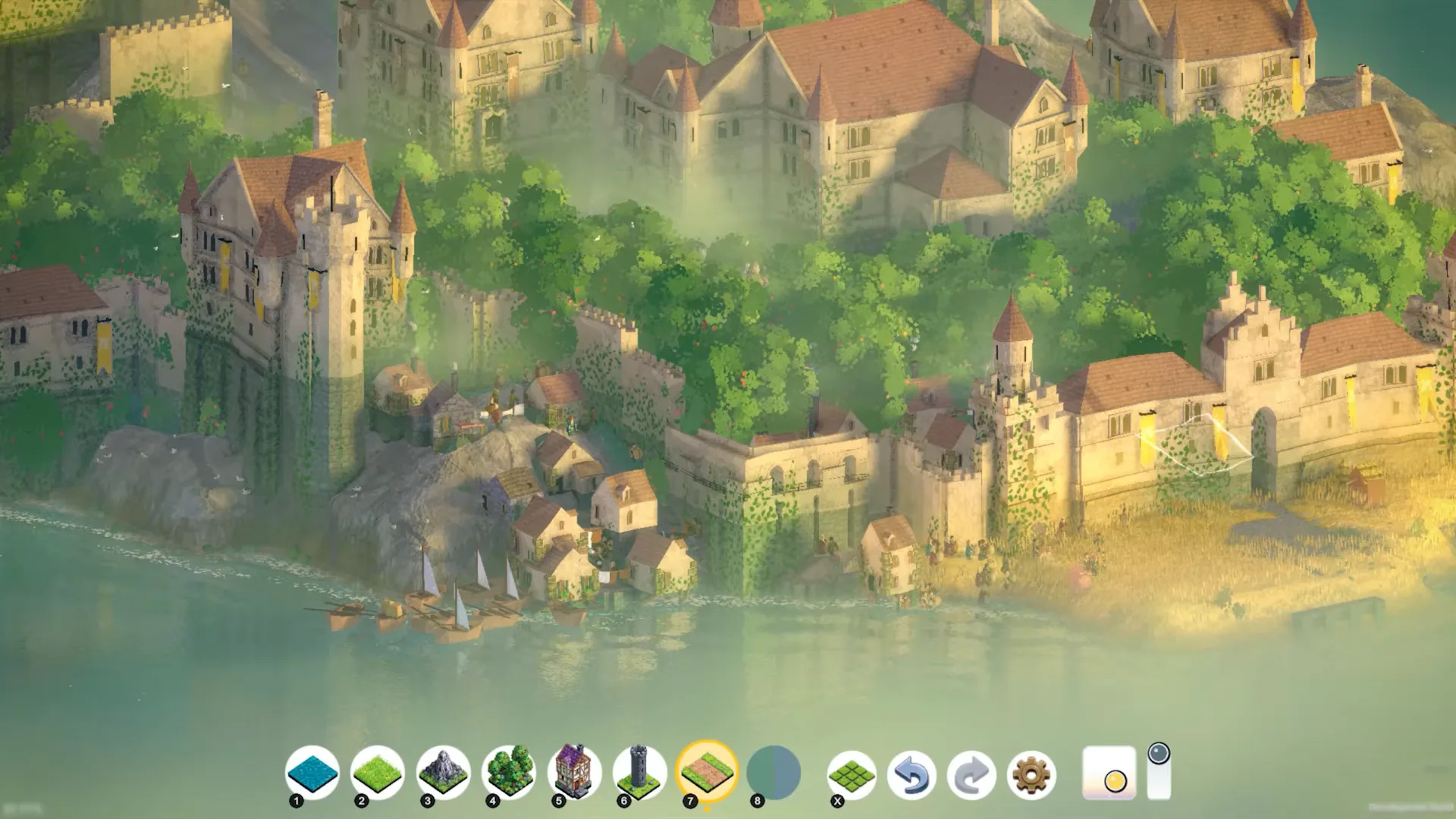 Large stone castle with yellow banners, ivy, sailboats, and pink blossom trees in Brushland.